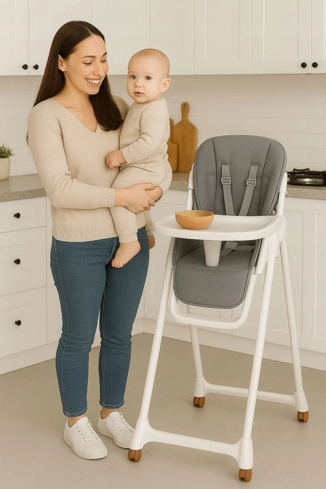 Ecotoys Reguliuojamo aukščio maitinimo kėdė su eko odos dirželiais, dvigubas padėklas