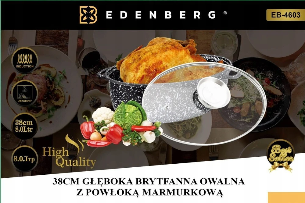 Edenberg Kepimo indas 8 L Žąsų puodas MARMURINIS Danga su dangčiu DUJŲ INDUKCIJA