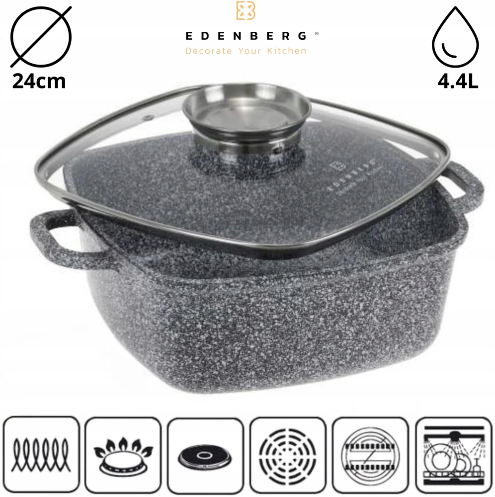 Edenberg Kvadratinis marmurinis puodas 24cm 4.4l su dangčiu, indukcijai