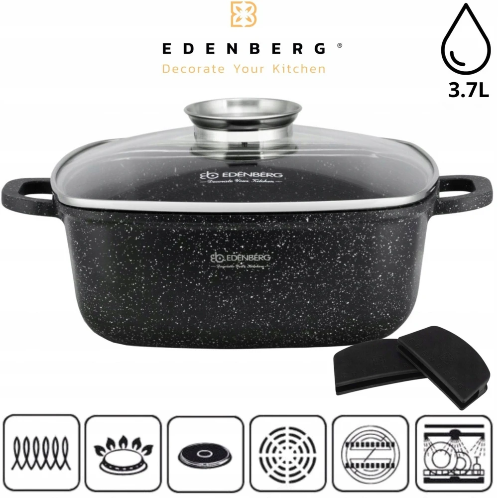 Edenberg Kvadratinis marmurinis PUODAS Kepimo puodas 24cm 4,4L + LETENĖS