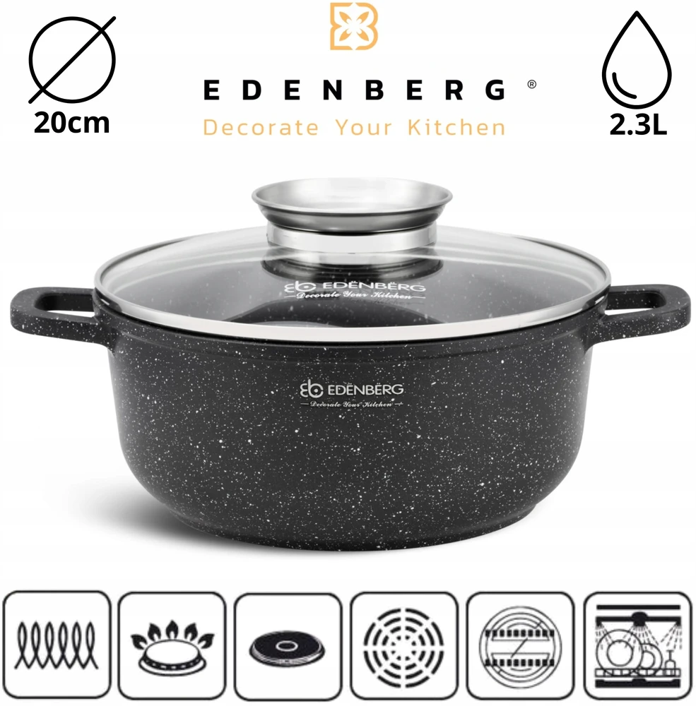 Edenberg MARMURINIS PUODAS 20cm 2,3L APVALUS PUODAS KEPIMO AROMA RANKENĖLE + LETENĖS
