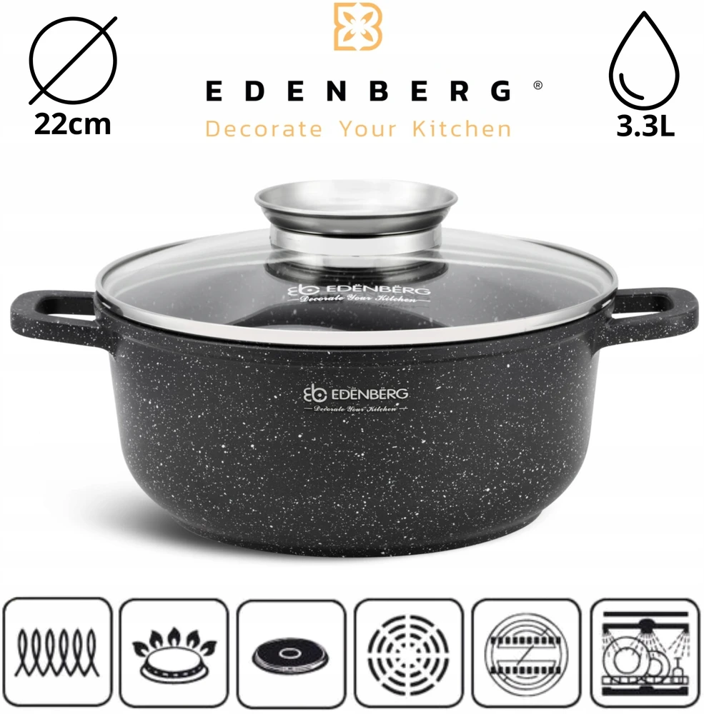 Edenberg Marmurinis puodas 22cm 3.3l su Aroma Knob dangčiu ir rankenėlėmis