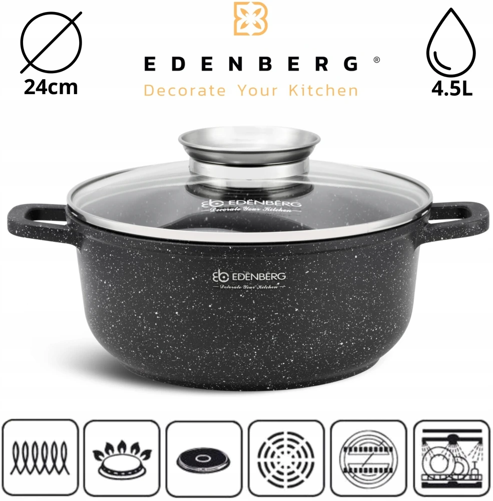 Edenberg MARMURINIS PUODAS 24cm 4,5L APVALUS PUODAS KEPIMO AROMA RANKENELE + LETENĖS