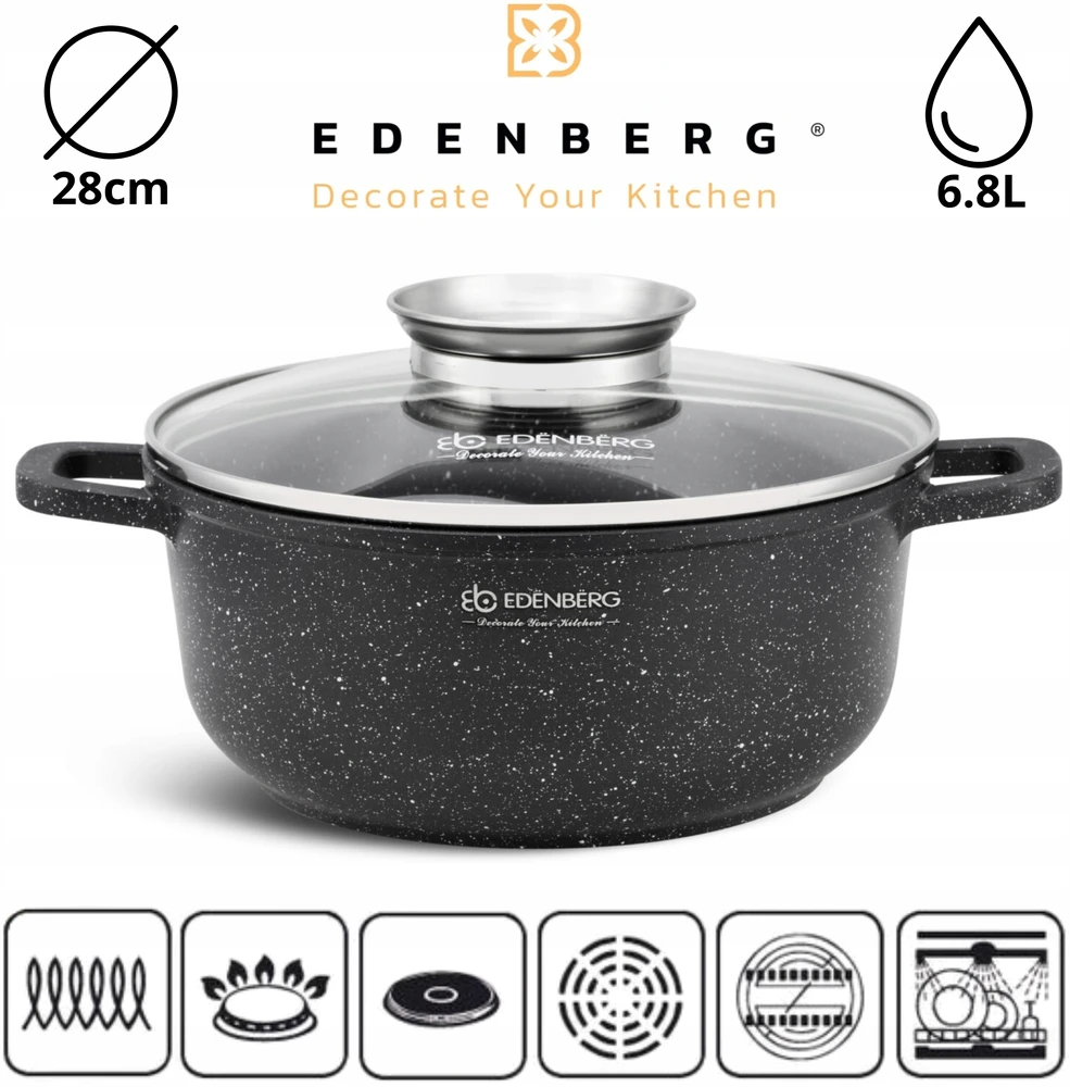 Edenberg Marmurinis puodas 28cm 6.8l su Aroma Knob dangčiu ir rankenėlėmis