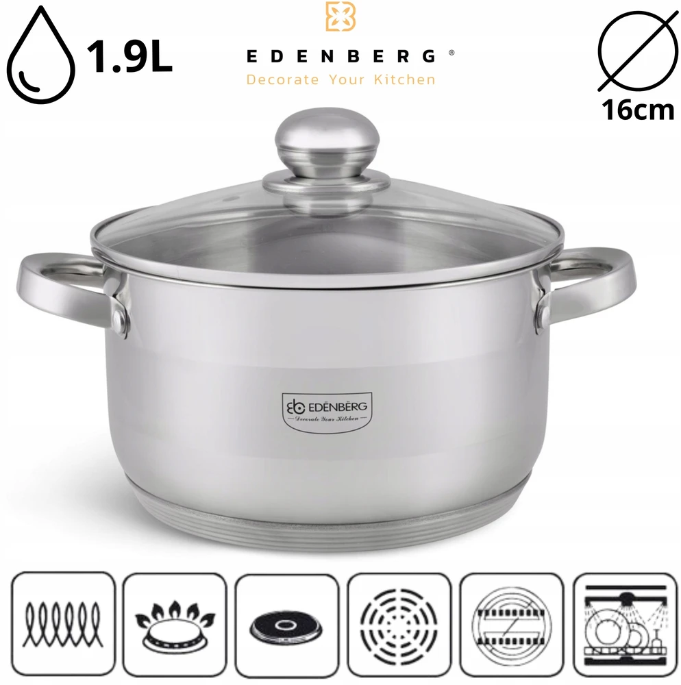 Edenberg NERŪDIJANČIO PLIENO PUODAS SU dangteliu, MATAVIMO MATAVIMAS, DUJOS, INDUKTINIS, 16cm, 1,9L