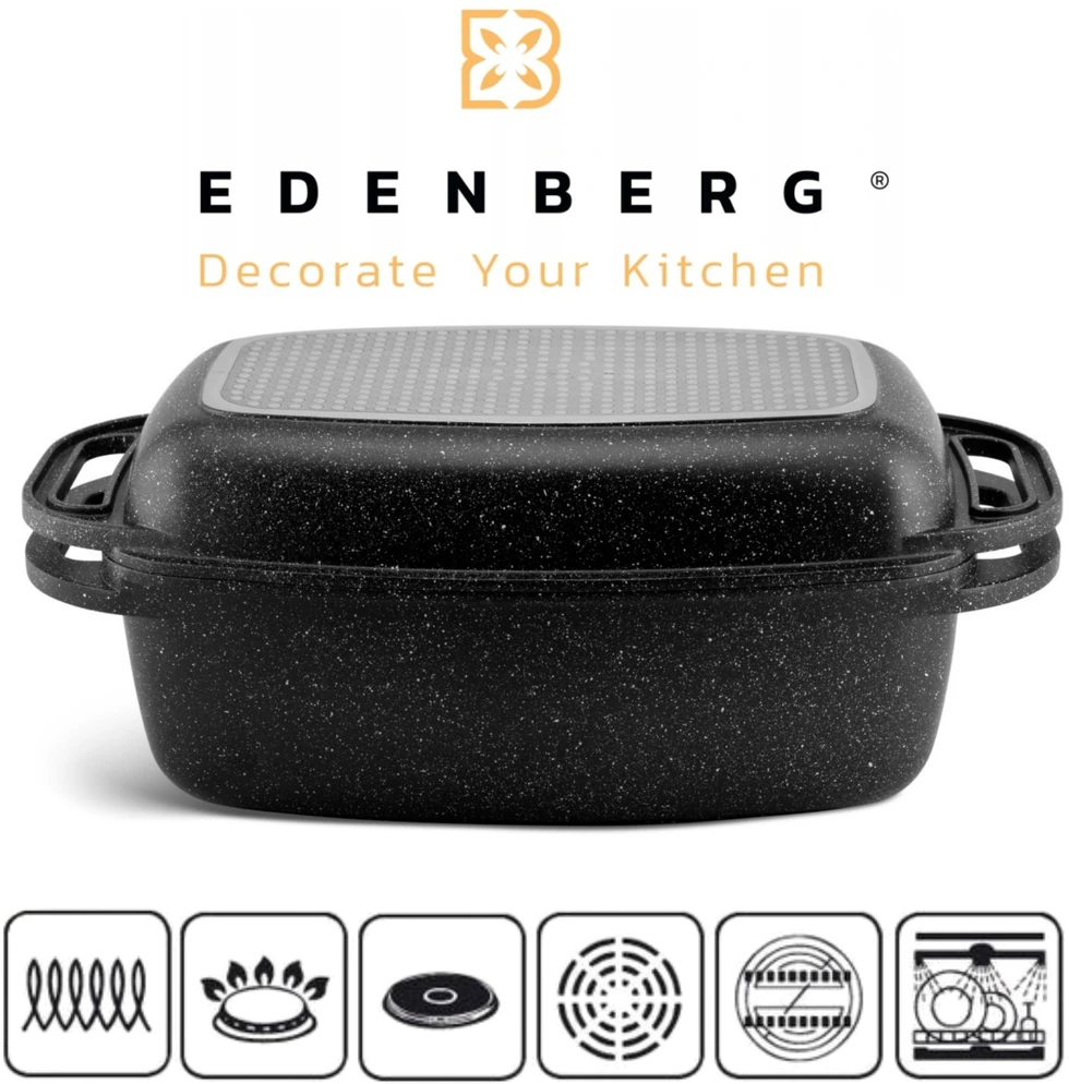 Edenberg PRAKTIŠKA Keptuvė 5,1L 2in1 GRILĖS dangtelis MARMULINIS DUJŲ INDUKCIJA 32cm