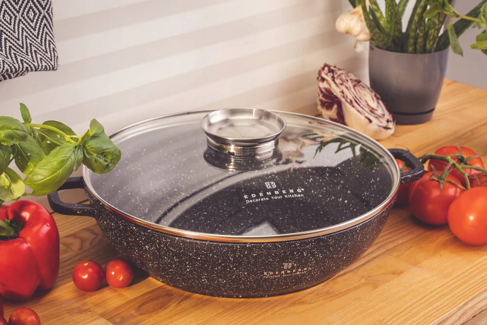 Edenberg Puodas Žemas 3,3 l marmuro aromato rankenėlė 28 cm žema wok keptuvė
