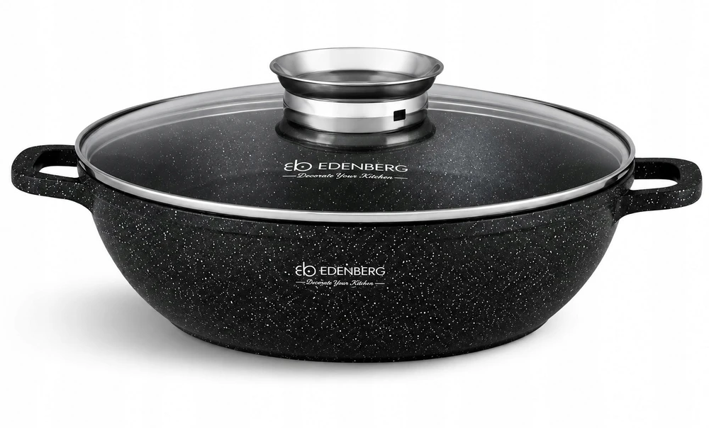 Edenberg Puodas Žemas 5,5 l marmuro aromato rankenėlė 32 cm žema wok keptuvė 8135