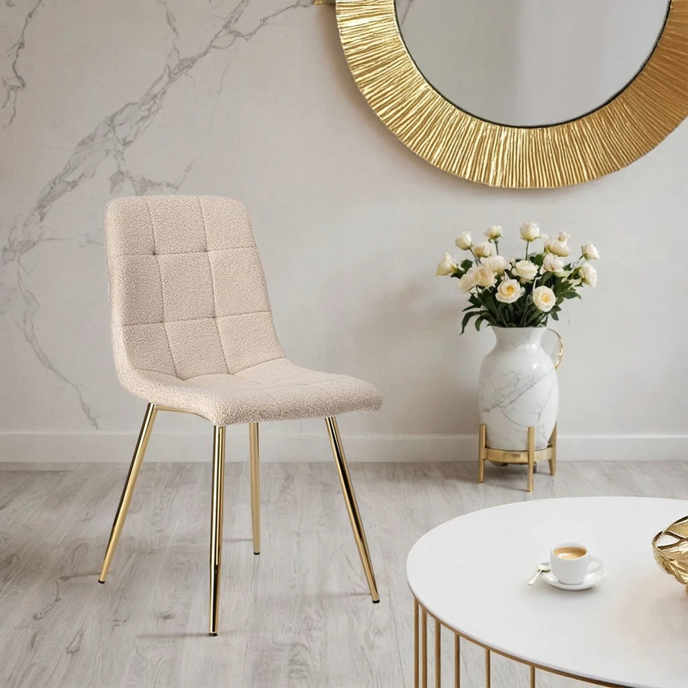 Ehokery dygsniuota smėlio spalvos kėdė moderni BOUCLE TEDDY LAMB METAL GOLD LEGS