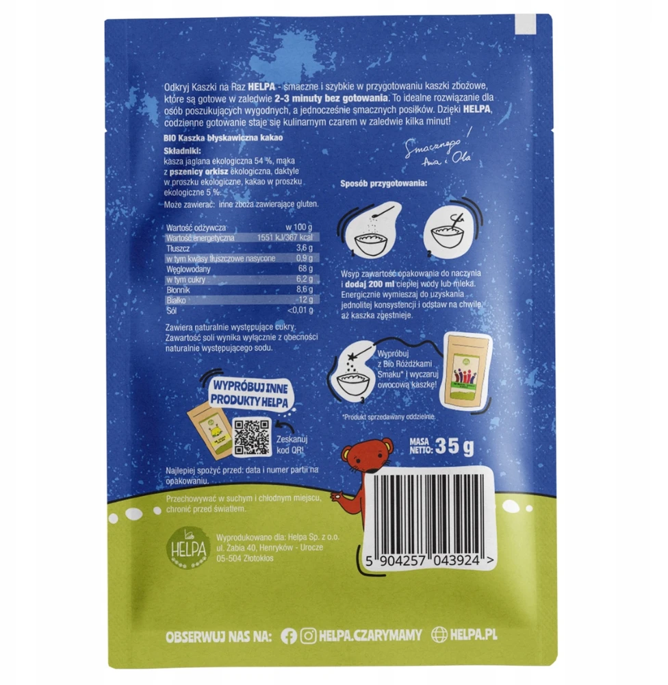 Ekologiškų greitai paruošiamų kakavinių košių rinkinys - 10 vnt (35 g x 10) HELPA eco