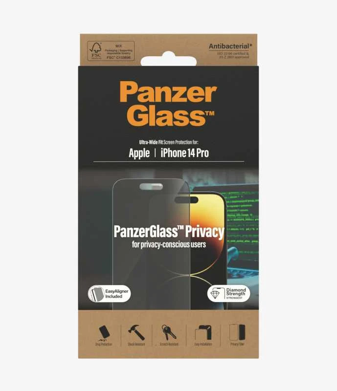 Panzer Glass PanzerGlass | Ekrano apsauga | Apple | iPhone 14 Pro | Stiklas | Juodas | Itin platus pritaikymas; Lengvas montavimas; Privatumo filtras; Atsparus pirštų atspaudams | Privatumas