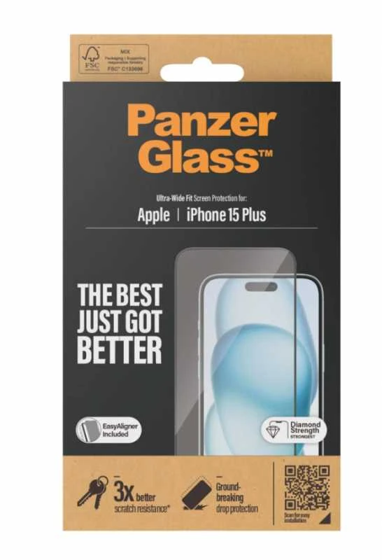 Panzer Glass PanzerGlass | Ekrano apsauga | Apple | IPhone 15 Plus | Stiklas | Skaidrus | Itin platus prigludimas, atsparus įbrėžimams, apsauga nuo kritimo, pridedamas „EasyAligner“.
