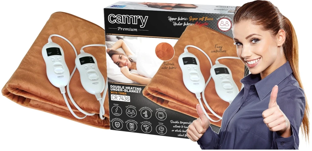 Camry | Elektrinė šildymo antklodė su laikmačiu | CR 7436 | Šildymo lygių skaičius 8 | Asmenų skaičius 2 | Skalbiamas | Nuotolinio valdymo pultas | Itin minkštas flisas/poliesteris | 2x60 W