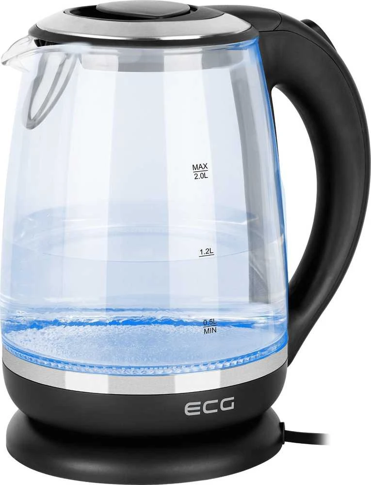 ECG Elektrinė virdulys RK 2020 Pilkas Glass, 2 L, 360° base with power cord storage, Mėlyna backlight, 1850-2200 W