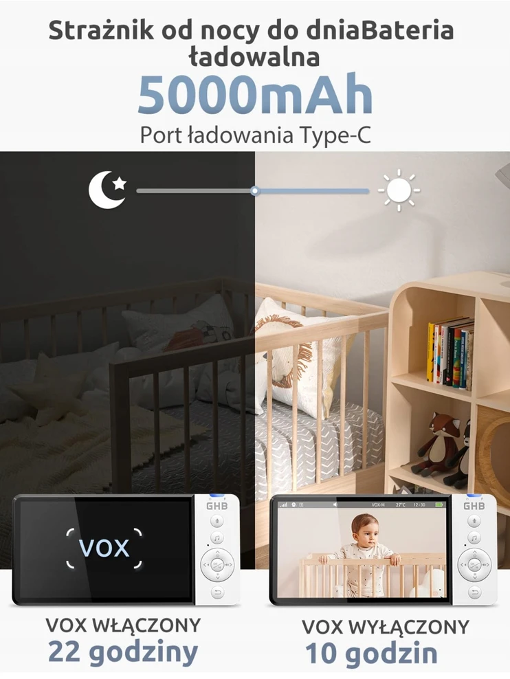 Elektroninė auklė GHB ABM 720 merą 5 colių 350° 5000mAh naktinis režimas