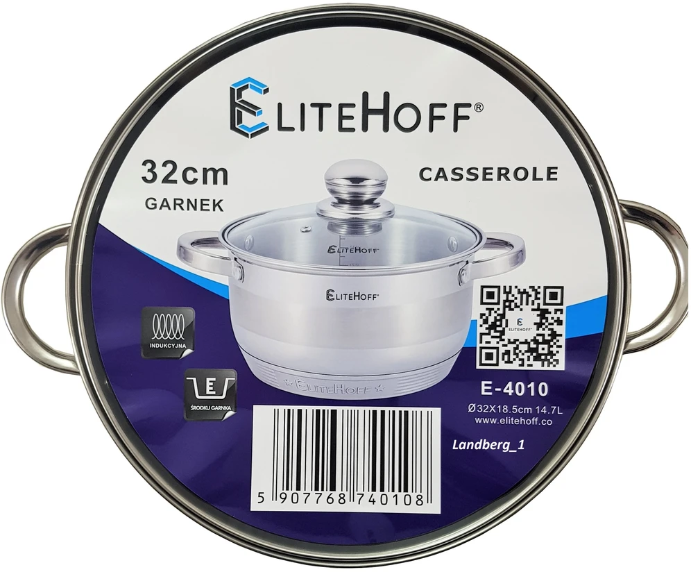 Elitehoff Garnys 28cm 10.1l plieno su stiklo dangčiu, indukcijai