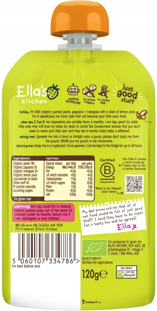 Ella's Kitchen BIO Mango, kriaušių ir papajos desertas nuo 4 mėnesių 120g