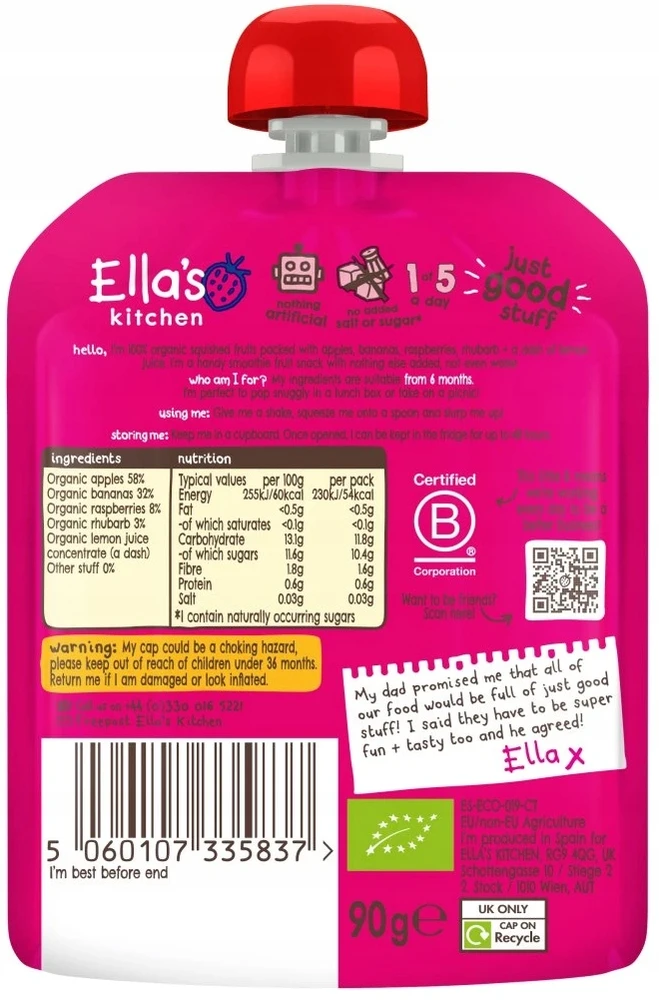 Ella's Kitchen BIO Rožinis ONE vaisių kokteilis su rabarbarais 6+ DESERTAS 5x90g