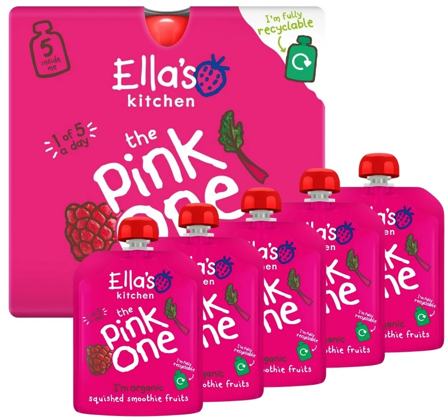 Ella's Kitchen BIO Rožinis ONE vaisių kokteilis su rabarbarais 6+ DESERTAS 5x90g
