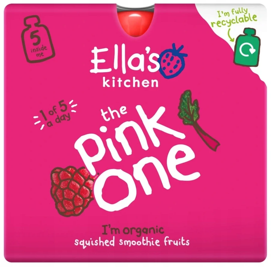 Ella's Kitchen BIO Rožinis ONE vaisių kokteilis su rabarbarais 6+ DESERTAS 5x90g