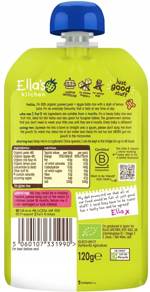 Ella's Kitchen BIO ryžiai vaikams, kriaušė ir obuolys, nuo 4 mėnesių amžiaus 120g