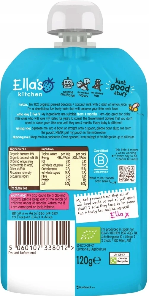 Ella's Kitchen ekologiškas bananų ir kokosų desertas nuo 4 mėnesių 130 g