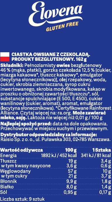ELOVENA avižiniai sausainiai su šokoladu be glitimo