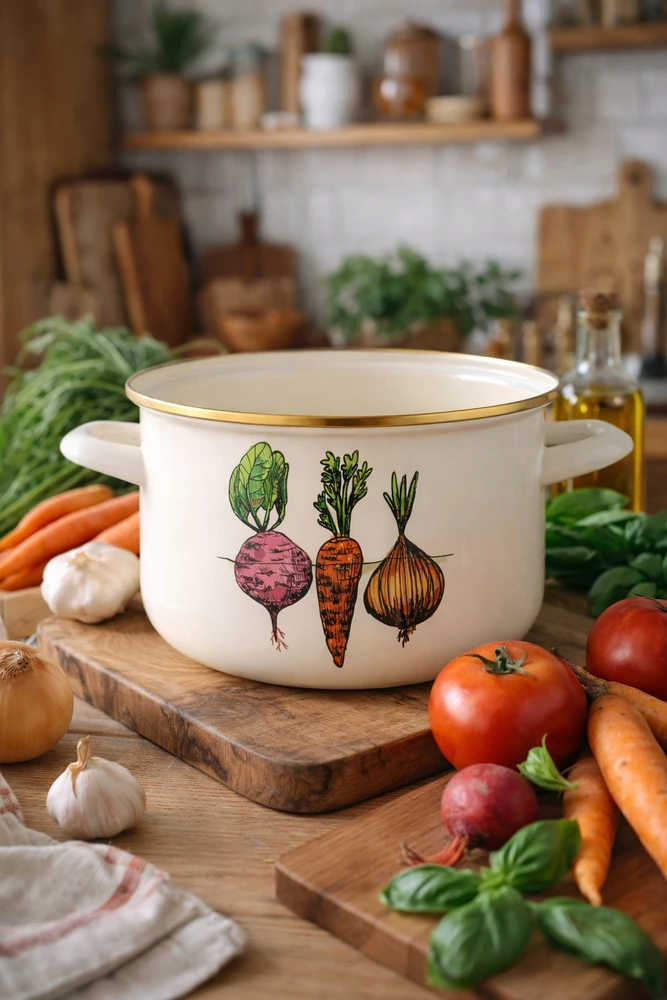 Emalia Pleszew Emaliuotas puodas Emaliuotas Pleszew Daržovės 22cm 6L indukcinės dujos baltas