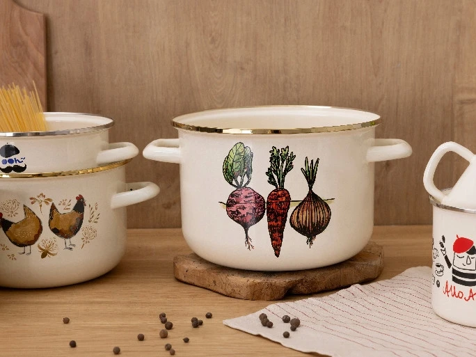 Emalia Pleszew Emaliuotas puodas Emaliuotas Pleszew Daržovės 22cm 6L indukcinės dujos baltas