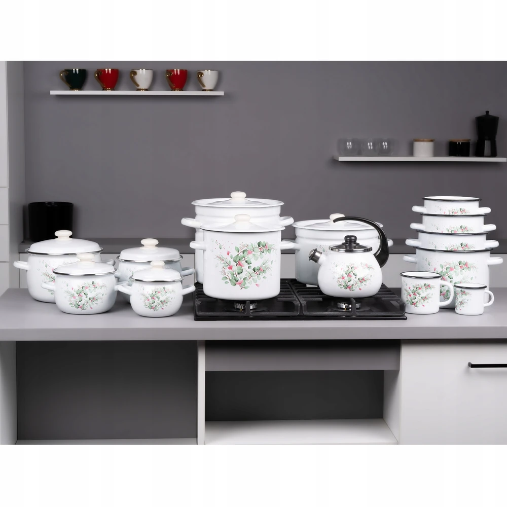 Emalia Rybnik EMALINIS PUODAS 5,5L DEKORUOTAS EUKALIPTAS KIETAS EMALINIS PUODAS RYBNIK 22CM