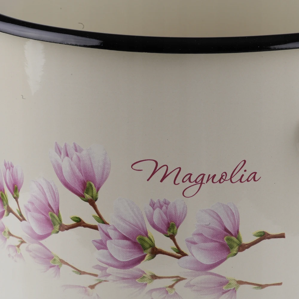 Emalia Rybnik EMALINIS vazonas 2L SU dangteliu, TRADICINIS, KREMINIS, SU MAGNOLIJOS GĖLĖMIS