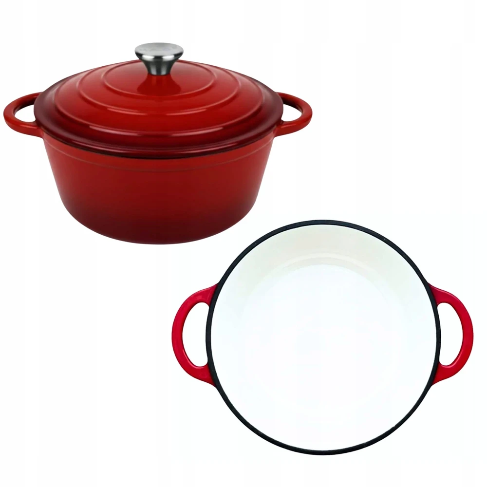 Emaliuotas ketaus PUODAS su dangteliu HAGE 4L 24 cm raudonas indukcinis grilis