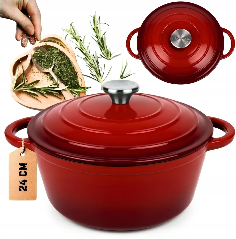 Emaliuotas ketaus PUODAS su dangteliu HAGE 4L 24 cm raudonas indukcinis grilis