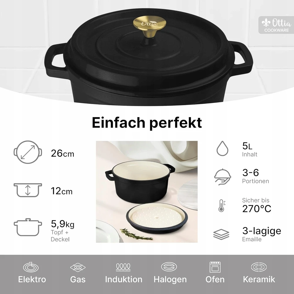 Emaliuotas ketaus puodas, žąsų kepsnys INDUKCIJAI, duonai, 5l, 26 cm