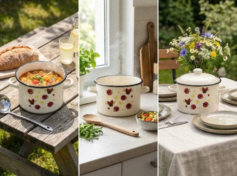 Emaliuotas puodas Emalia Pleszew Biedronka 22 cm 6L smėlio spalvos indukcinės dujos