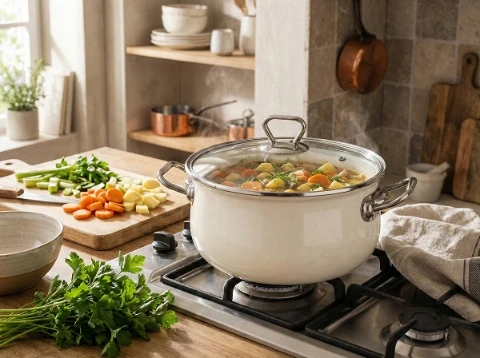 Emaliuotas puodas Emalia Pleszew Bliss 22 cm 4,8L kremo indukcinės dujos