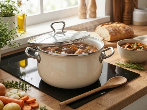 Emaliuotas puodas Emalia Pleszew Bliss 22 cm 4,8L kremo indukcinės dujos
