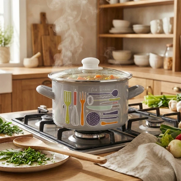 Emaliuotas puodas Emalia Pleszew Staffio 18 cm 2,6L su dangteliu, indukcinis