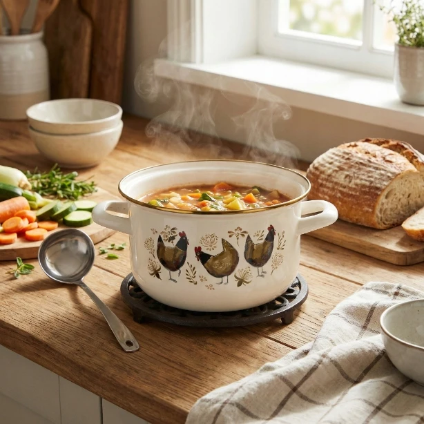 Emaliuotas puodas Emalia Pleszew Złota Kurka 22 cm 6L smėlio spalvos indukcinis