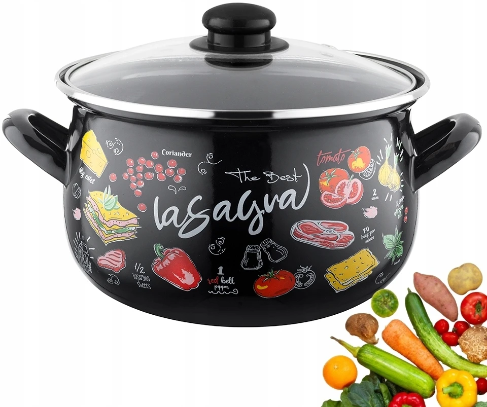 Emaliuotas puodas, pleszew, 18 cm, 3 l, virtuvė sriubai virti, juodas dekoras