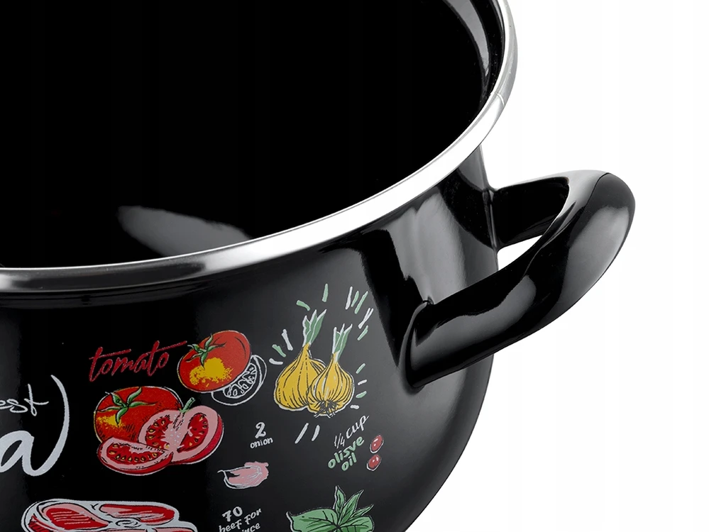 Emaliuotas puodas, pleszew, 18 cm, 3 l, virtuvė sriubai virti, juodas dekoras