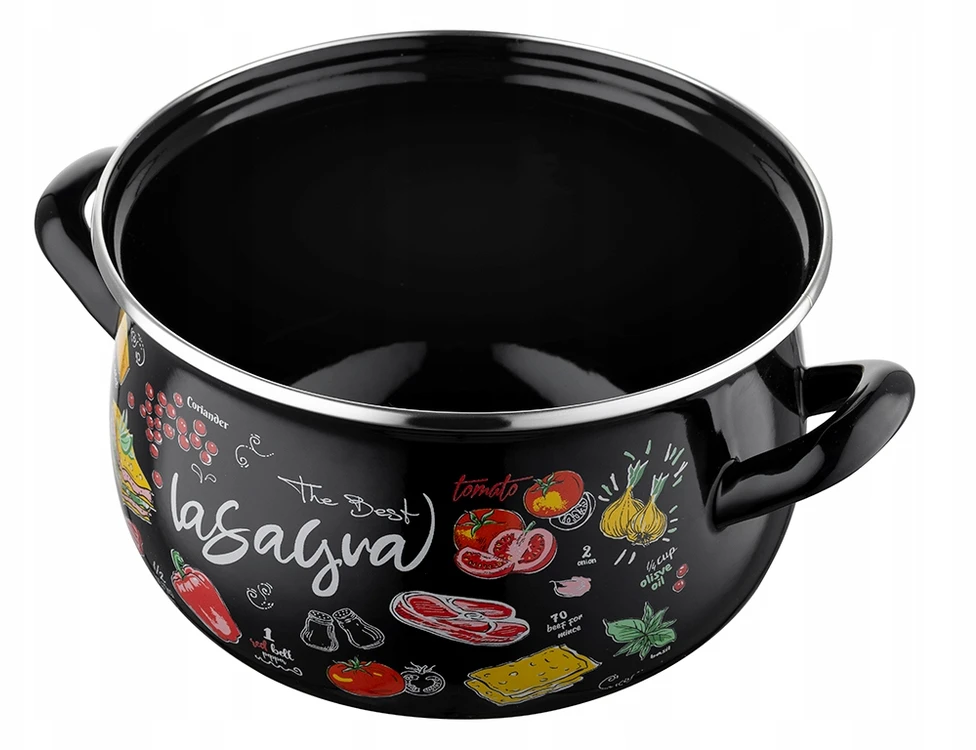 Emaliuotas puodas, pleszew, 18 cm, 3 l, virtuvė sriubai virti, juodas dekoras