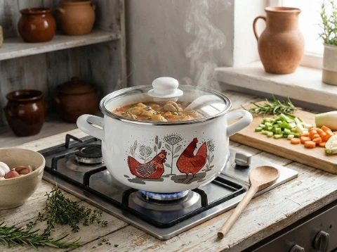 Emaliuotas puodas Pyza Rubinka Emalia Pleszew 20 cm 4L baltos indukcinės dujos
