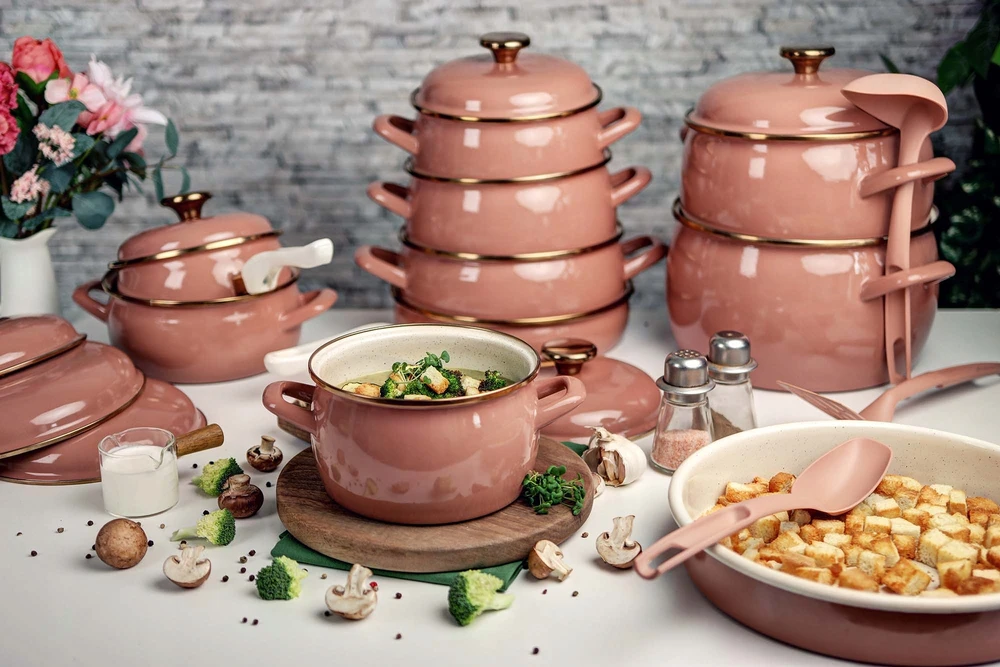 Emaliuotas puodas su dangčiu 24cm 7,5L ir Metalac Mocha Mousse
