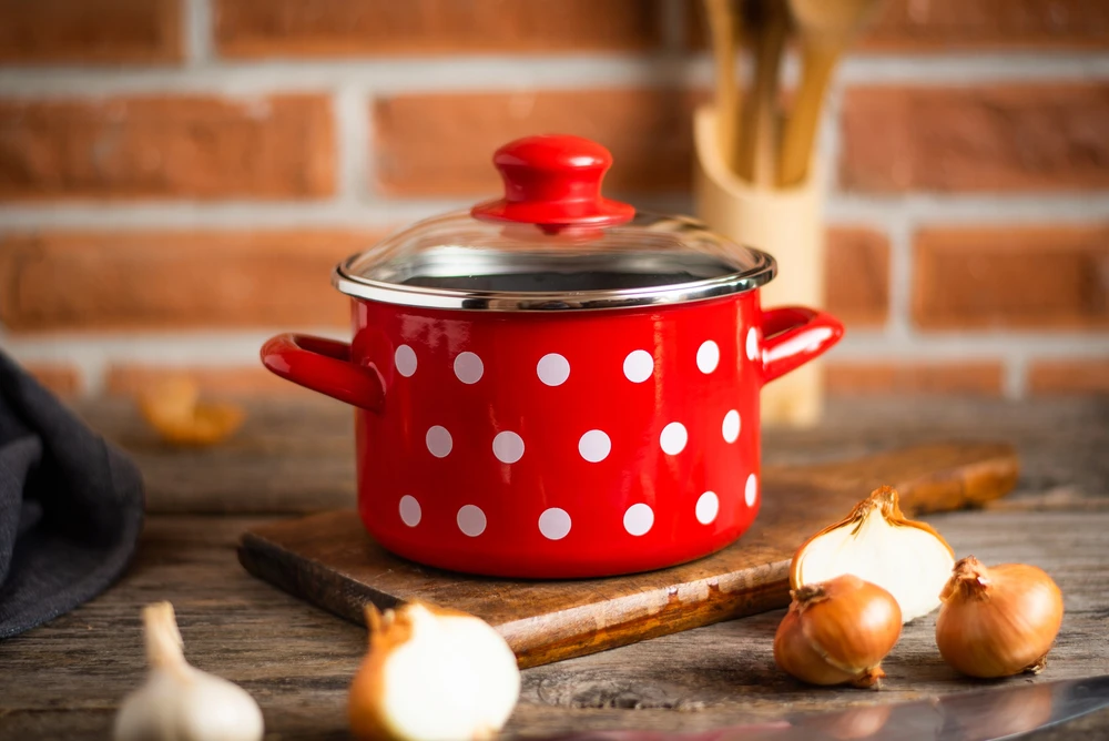 Emaliuotas puodas su dangteliu 24cm 6,75L I Metalac Dots On Raudona