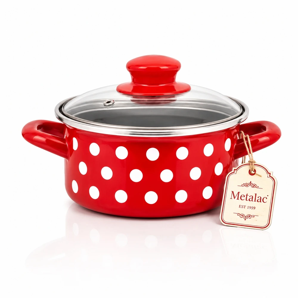 Emaliuotas puodas su dangteliu Žemas 14cm 1L I Metalac Dots On Raudona