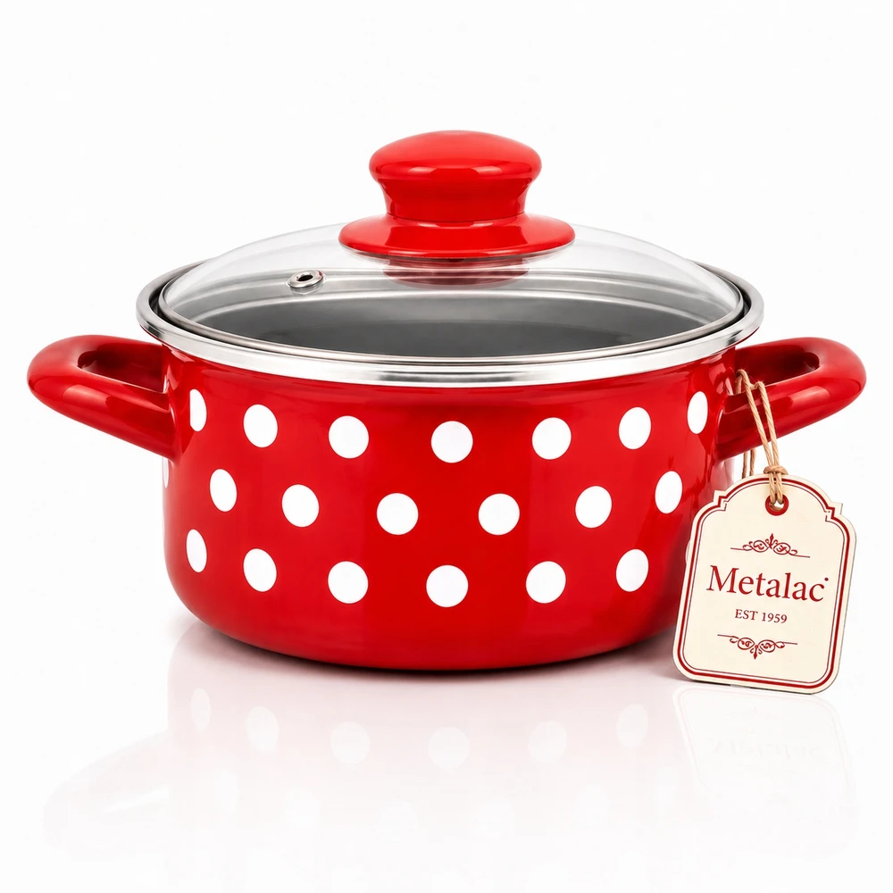Emaliuotas puodas su dangteliu Žemas 16cm 1,5L I Metalac Dots On Raudona