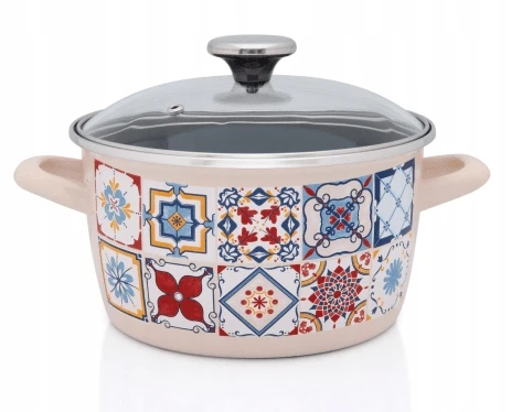Emaliuotas puodas su stikliniu dangteliu, 16 cm 1,9L, kreminis METALAC Porto