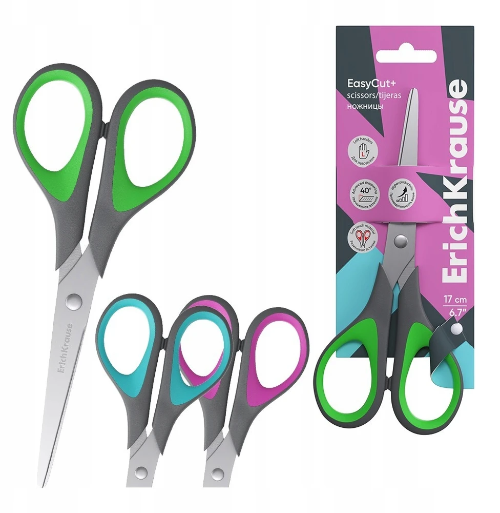 ErichKrause EasyCut+ mokyklinės žirklės kairiarankiams, 17 cm, spalvų derinys