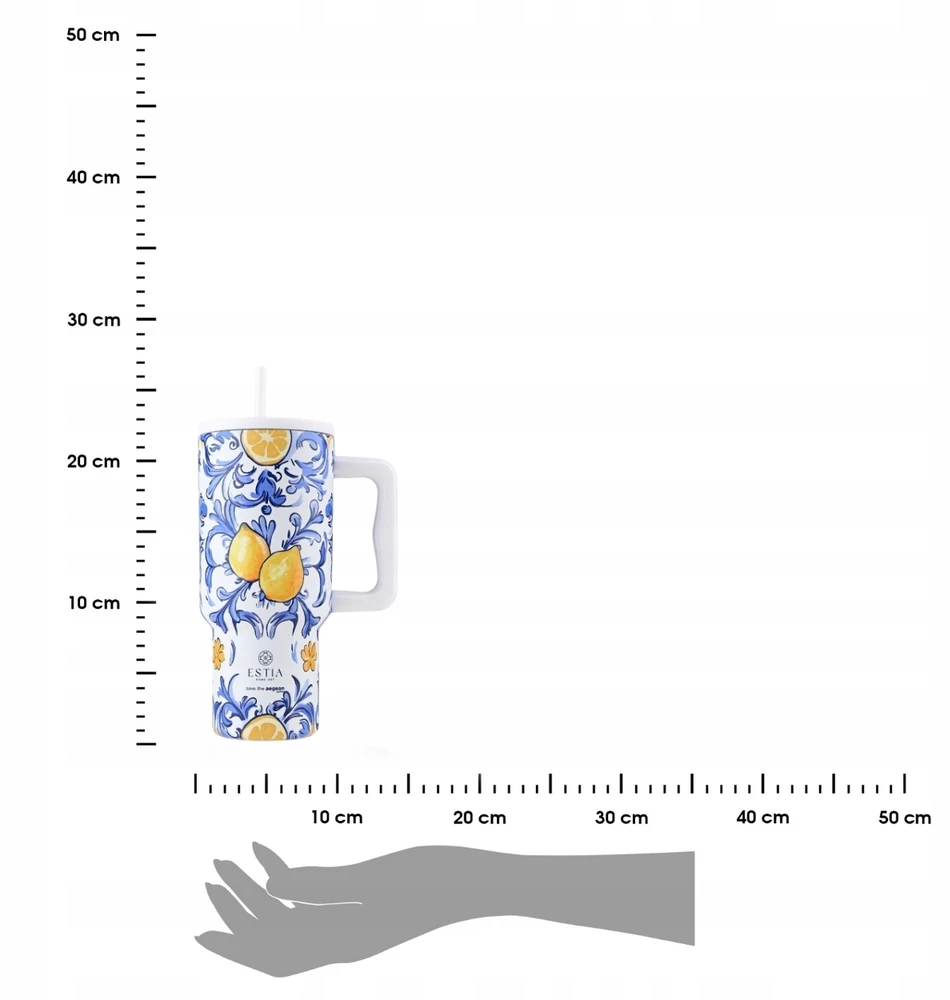 Estia DIDELIS TERMINIS PUODULIS SU ŠAUDULIU 900 ML citrinos raštas su laikikliu kavai ir arbatai